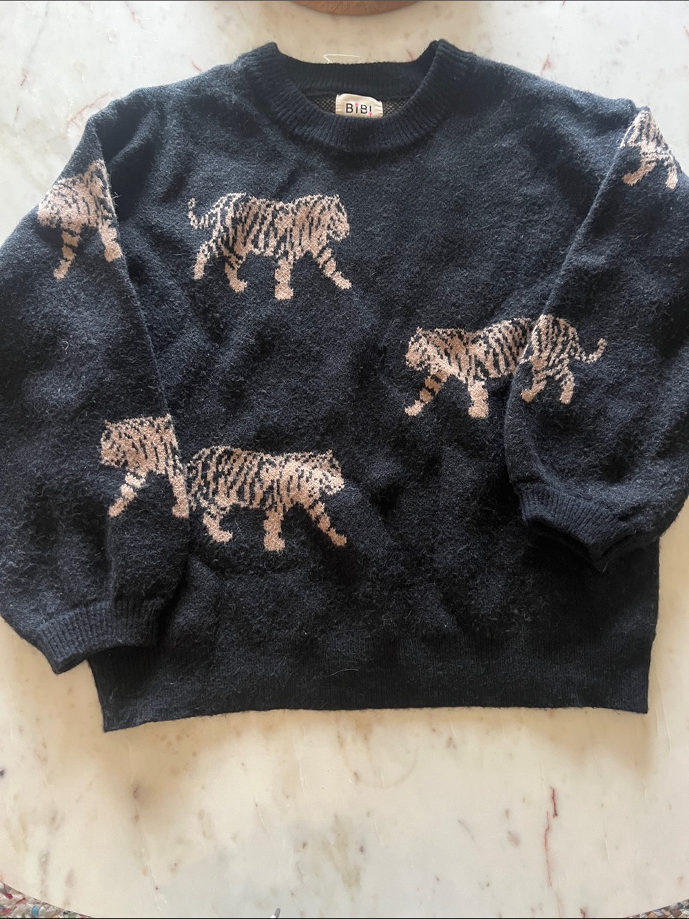 BiBi Black Crewneck Sweater with Beige Tiger Motifs